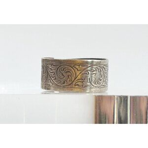 Floral Hand Carved Cigar Banded 925 Sterling Silver Vintage Ring - sz 9